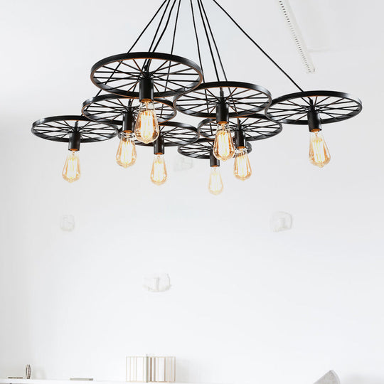 Vintage Industrial Hanging Light with Wheel Design and Multiple Heads - Black/Rust Metal Ceiling Fixture
