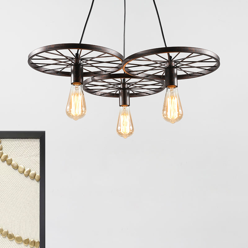 Vintage Industrial Hanging Light with Wheel Design and Multiple Heads - Black/Rust Metal Ceiling Fixture