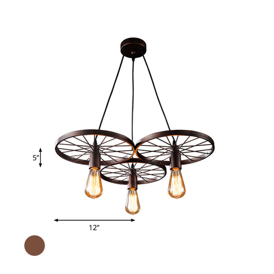 Vintage Industrial Hanging Light with Wheel Design and Multiple Heads - Black/Rust Metal Ceiling Fixture