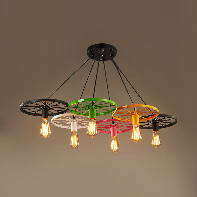 Vintage Industrial Hanging Light with Wheel Design and Multiple Heads - Black/Rust Metal Ceiling Fixture