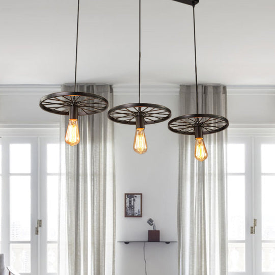 Vintage Industrial Hanging Light with Wheel Design and Multiple Heads - Black/Rust Metal Ceiling Fixture