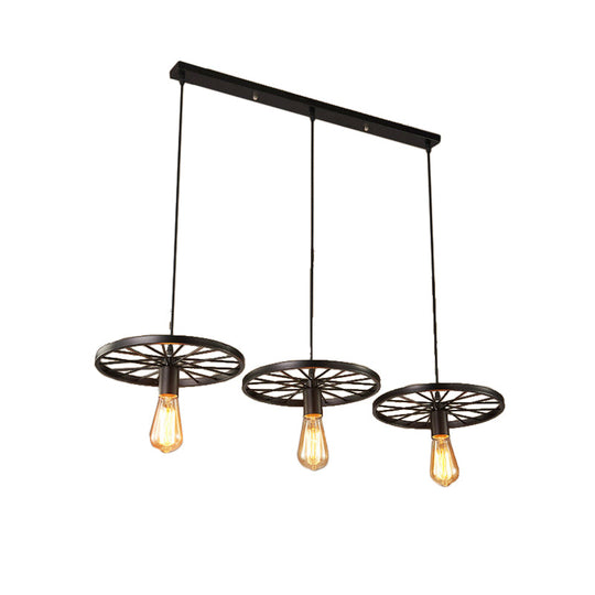 Vintage Industrial Hanging Light with Wheel Design and Multiple Heads - Black/Rust Metal Ceiling Fixture
