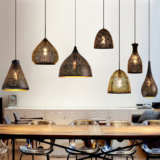Vintage Stylish Hanging Ceiling Light Pendant Lamp - Etched Cone/Oval Metallic Design, 1 Light, Black - Ideal for Dining Rooms