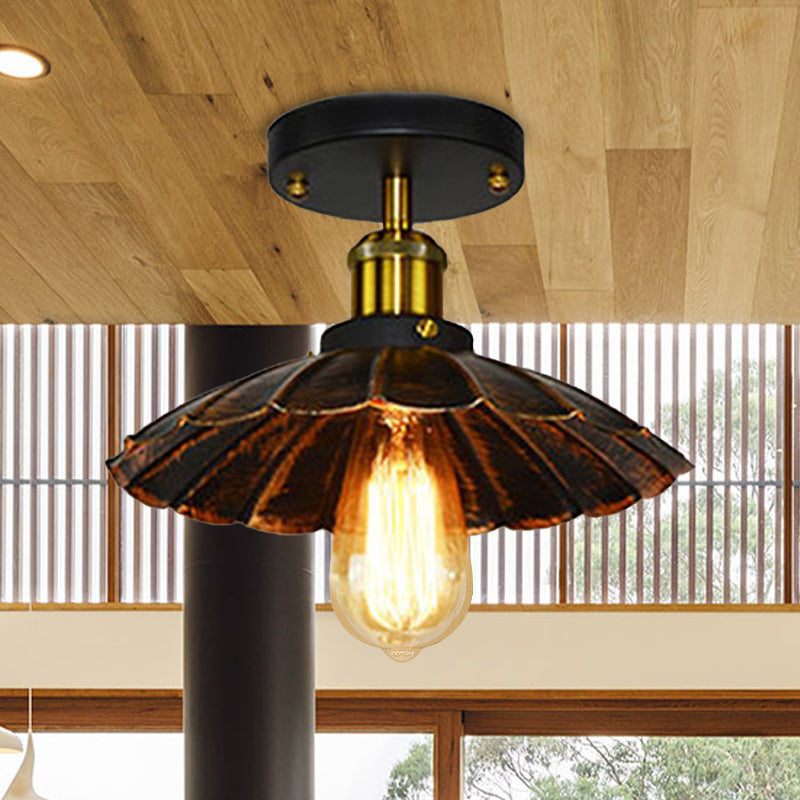 Vintage Style Scalloped Edge Balcony Semi Flush Ceiling Light in Black/Rust with 1 Metal Light Fixture
