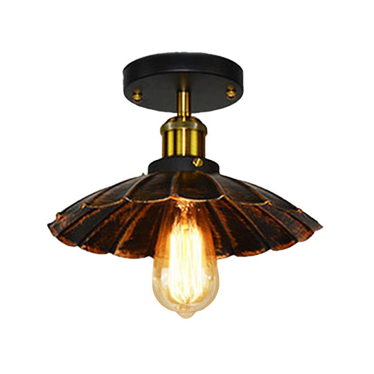 Vintage Style Scalloped Edge Balcony Semi Flush Ceiling Light in Black/Rust with 1 Metal Light Fixture