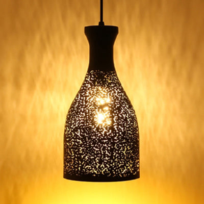 Vintage Stylish 1-Light Hanging Ceiling Pendant Lamp In Black With Metallic Etched Cone/Oval Design