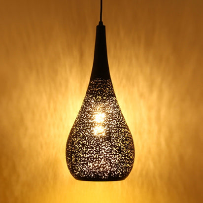 Vintage Stylish 1-Light Hanging Ceiling Pendant Lamp In Black With Metallic Etched Cone/Oval Design