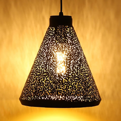 Vintage Stylish 1-Light Hanging Ceiling Pendant Lamp In Black With Metallic Etched Cone/Oval Design