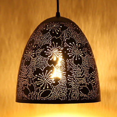 Vintage Stylish 1-Light Hanging Ceiling Pendant Lamp In Black With Metallic Etched Cone/Oval Design