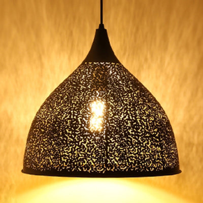 Vintage Stylish 1-Light Hanging Ceiling Pendant Lamp In Black With Metallic Etched Cone/Oval Design
