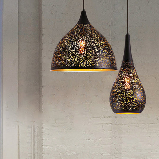 Vintage Stylish 1-Light Hanging Ceiling Pendant Lamp In Black With Metallic Etched Cone/Oval Design