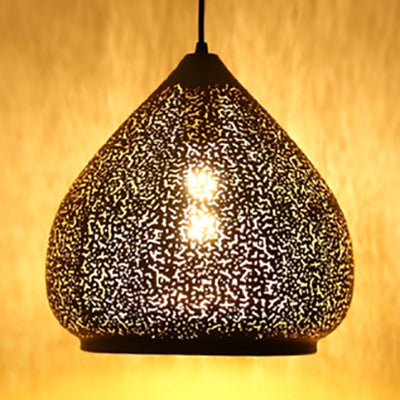 Vintage Stylish 1-Light Hanging Ceiling Pendant Lamp In Black With Metallic Etched Cone/Oval Design