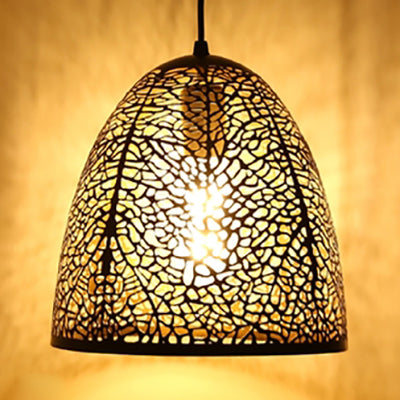 Vintage Stylish 1-Light Hanging Ceiling Pendant Lamp In Black With Metallic Etched Cone/Oval Design