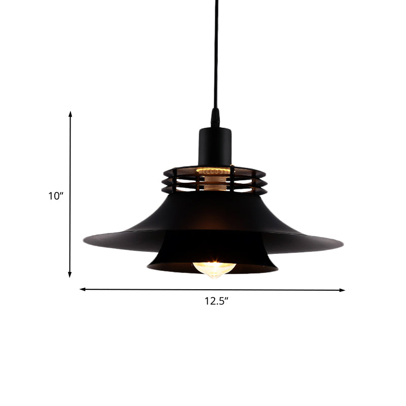Plafonnier de restaurant : suspension à large évasement en fer noir de style campagnard | 2 couches, 1 ampoule | 12,5"/14" de large