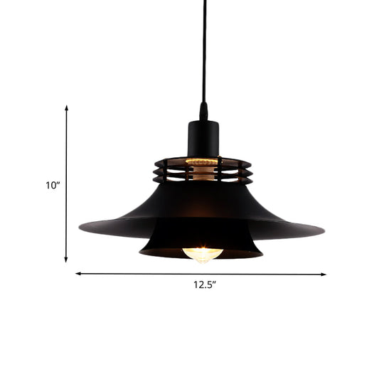 Plafonnier de restaurant : suspension à large évasement en fer noir de style campagnard | 2 couches, 1 ampoule | 12,5"/14" de large