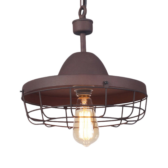 Rust 1-Light Pendant With Antiqued Metal Barn Shade And Cage Suspension Lamp
