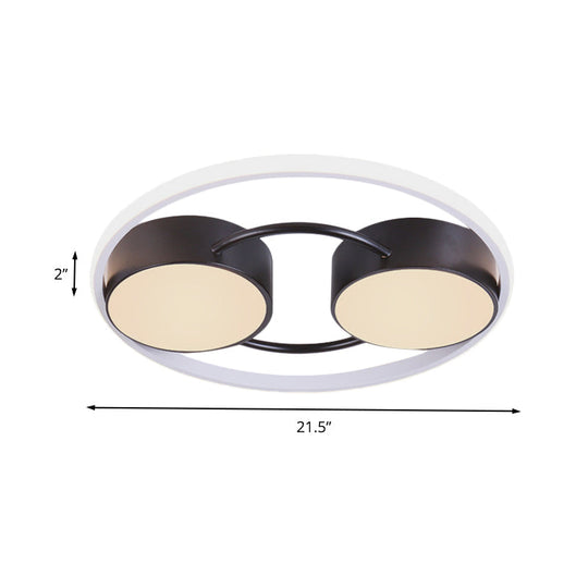 Double Drum LED Flush Ceiling Lamp: Modern Metal 18"/21.5" Fixture for Bedroom in Black with Warm/White Light