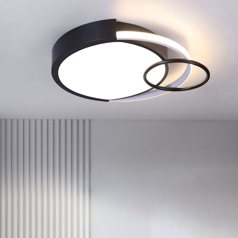 Modern Drum and Ring Metal Flush Mount Ceiling Light Fixture - 19"/23" W LED, Black, Warm/White Light