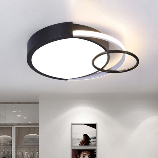 Modern Drum and Ring Metal Flush Mount Ceiling Light Fixture - 19"/23" W LED, Black, Warm/White Light
