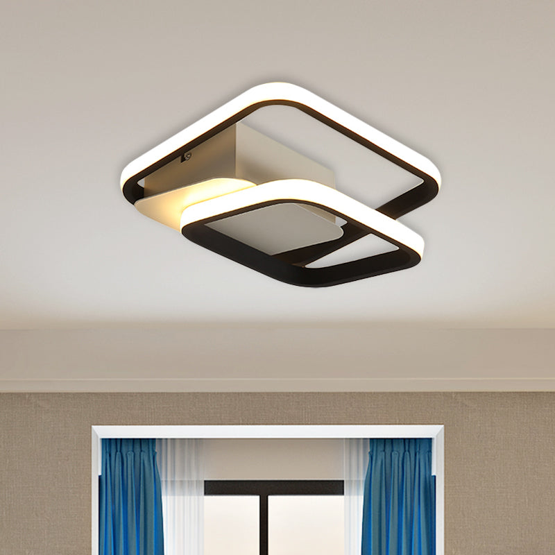 2-Square Frame LED Flushmount Ceiling Light in Modern Black and White/Warm Light for Hallways