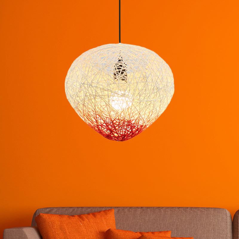 Modern Single Bulb Woven Rattan Hanging Lamp In Green/Red - Restaurant Drop Light