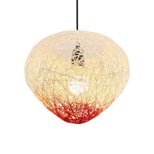 Modern Single Bulb Woven Rattan Bird Nest Hanging Lamp in Green/Red for Restaurants
