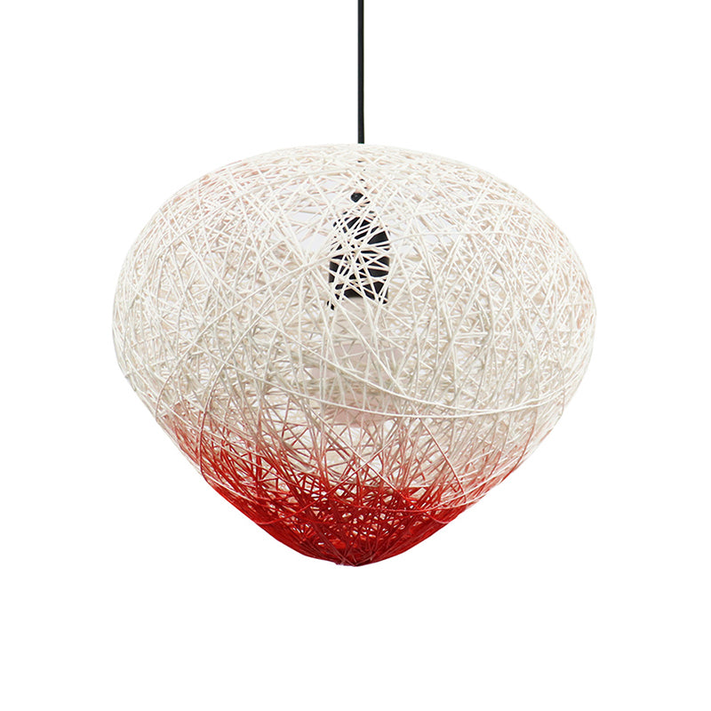 Modern Single Bulb Woven Rattan Hanging Lamp In Green/Red - Restaurant Drop Light