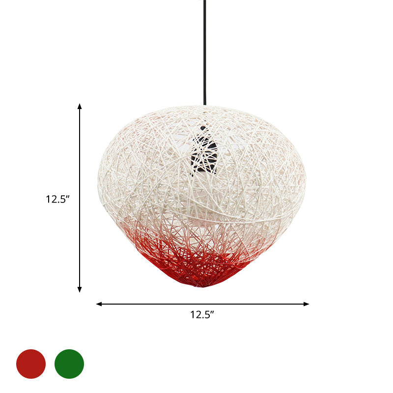 Modern Single Bulb Woven Rattan Bird Nest Hanging Lamp in Green/Red for Restaurants