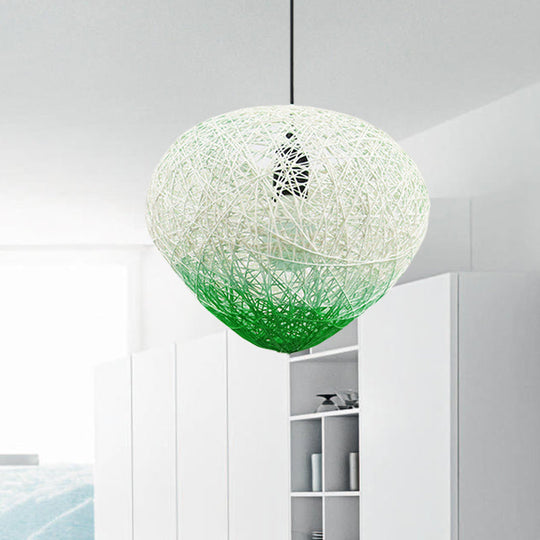 Modern Single Bulb Woven Rattan Bird Nest Hanging Lamp in Green/Red for Restaurants