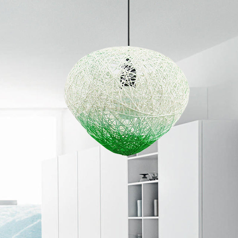 Modern Single Bulb Woven Rattan Hanging Lamp In Green/Red - Restaurant Drop Light Green