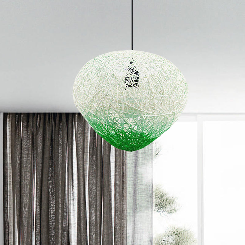Modern Single Bulb Woven Rattan Hanging Lamp In Green/Red - Restaurant Drop Light