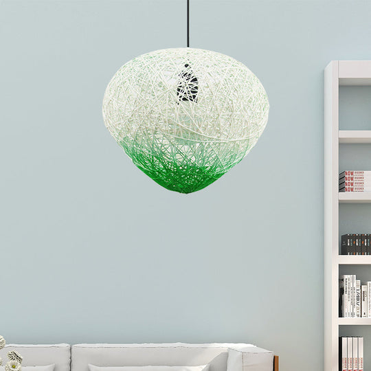 Modern Single Bulb Woven Rattan Hanging Lamp In Green/Red - Restaurant Drop Light