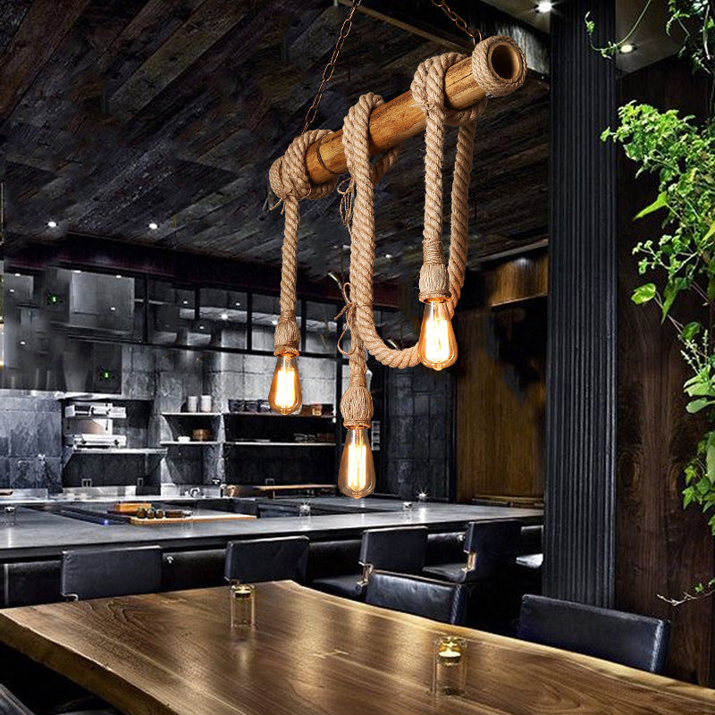 Lodge Industrial Beige Island Light With Adjustable Rope And Bamboo - 3/4 Lights Open Bulb