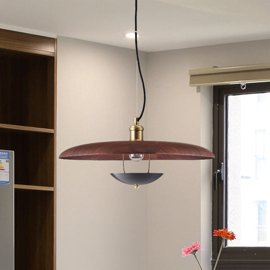 Antiqued Flat Hanging Light - 1-Bulb Metal Ceiling Lamp in Red/Gold with Adjustable Cord