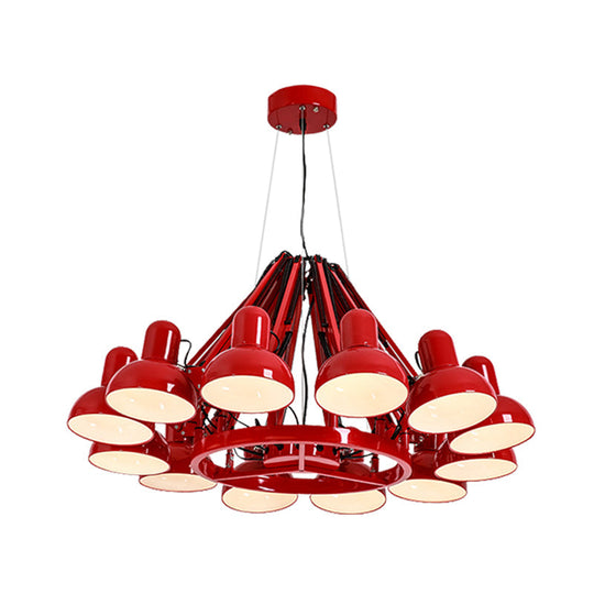 Industrial Metal Swing Arm Chandelier Lamp with Dome Shade and 12 Black/Red Bulbs for Living Room