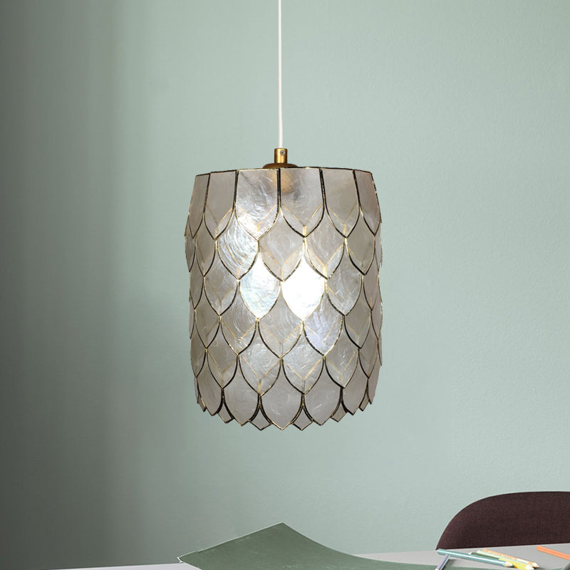 Silver Shell 1-Light Pendant Lamp With Modern Scale Design - Cylinder Hanging Light