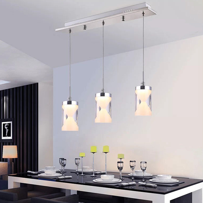 Modern Acrylic Hourglass LED Pendant Lamp - Chrome Cluster with 3 Bulbs - Warm/White Light