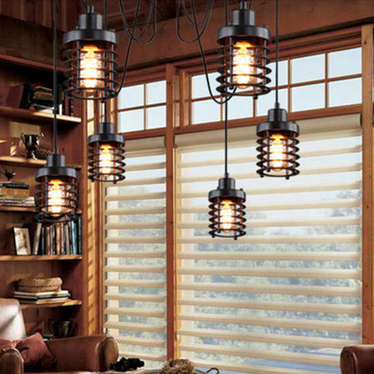 Farmhouse Style 6-Light Iron Ceiling Lighting Fixture With Black Cylinder Cage Shade For Bedroom