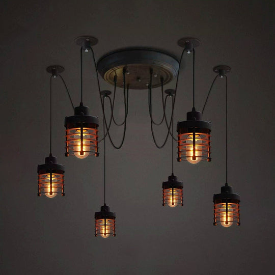 Farmhouse Style 6-Light Iron Ceiling Lighting Fixture With Black Cylinder Cage Shade For Bedroom