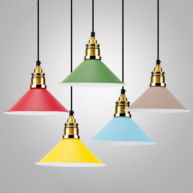 Contemporary Metal Pendant Light with Adjustable Cord - Yellow/Blue/Green Tapered Shade - Ideal for Living Room - 1 Bulb Hanging Light