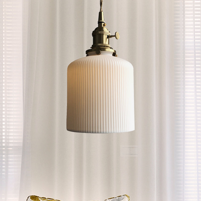 Dining Room Pendant Lamp: Ribbed Glass Cylinder Shape In Ivory - Modern 1 Light Hanging Kit