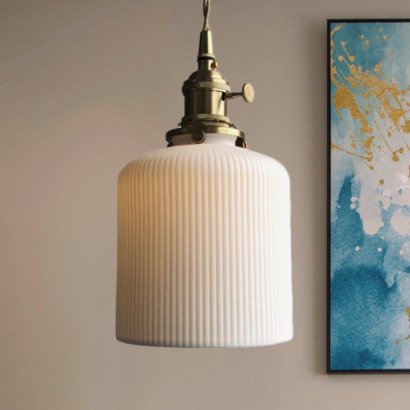 Dining Room Pendant Lamp: Ribbed Glass Cylinder Shape In Ivory - Modern 1 Light Hanging Kit