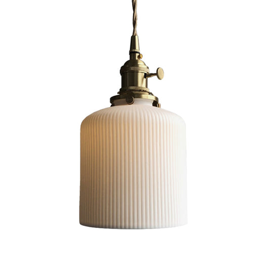 Ivory Ribbed Glass Pendant Lamp - Modern Dining Room Hanging Light