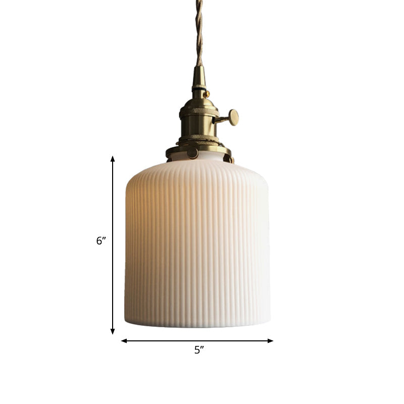 Dining Room Pendant Lamp: Ribbed Glass Cylinder Shape In Ivory - Modern 1 Light Hanging Kit