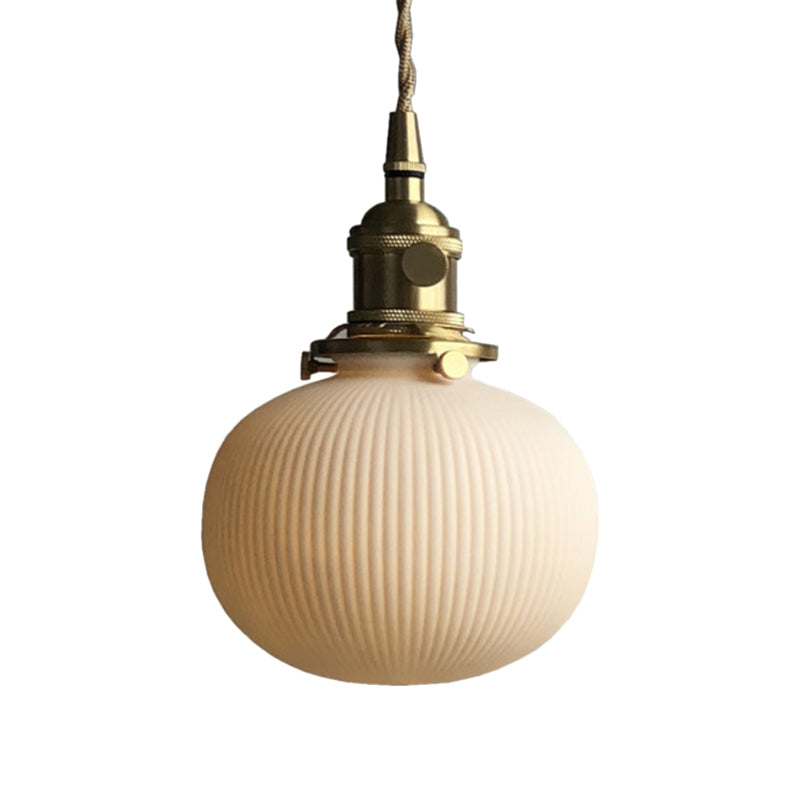 Dining Room Pendant Lamp: Ribbed Glass Cylinder Shape In Ivory - Modern 1 Light Hanging Kit