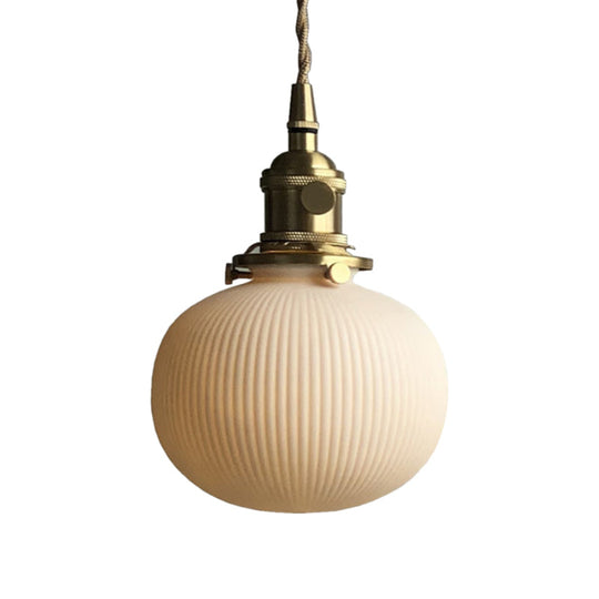 Dining Room Pendant Lamp: Ribbed Glass Cylinder Shape In Ivory - Modern 1 Light Hanging Kit