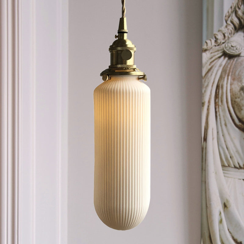 Dining Room Pendant Lamp: Ribbed Glass Cylinder Shape In Ivory - Modern 1 Light Hanging Kit