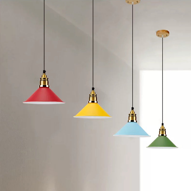 Contemporary Metal Pendant Light with Adjustable Cord - Yellow/Blue/Green Tapered Shade - Ideal for Living Room - 1 Bulb Hanging Light