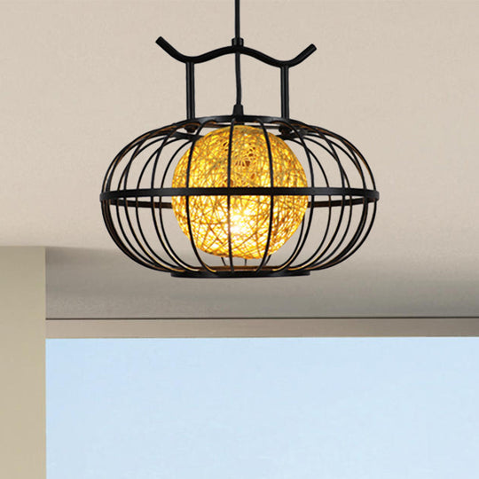 Metal Pumpkin Cage Hanging Pendant Light With Rattan Ball Shade - Asian Style Suspension Lamp
