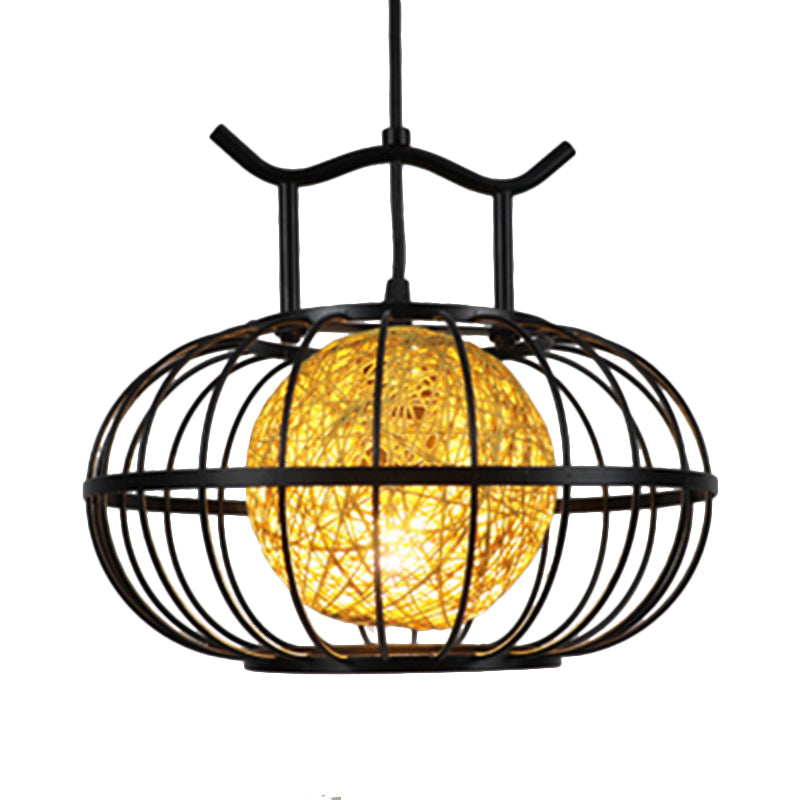 Metal Pumpkin Cage Hanging Pendant Light With Rattan Ball Shade - Asian Style Suspension Lamp